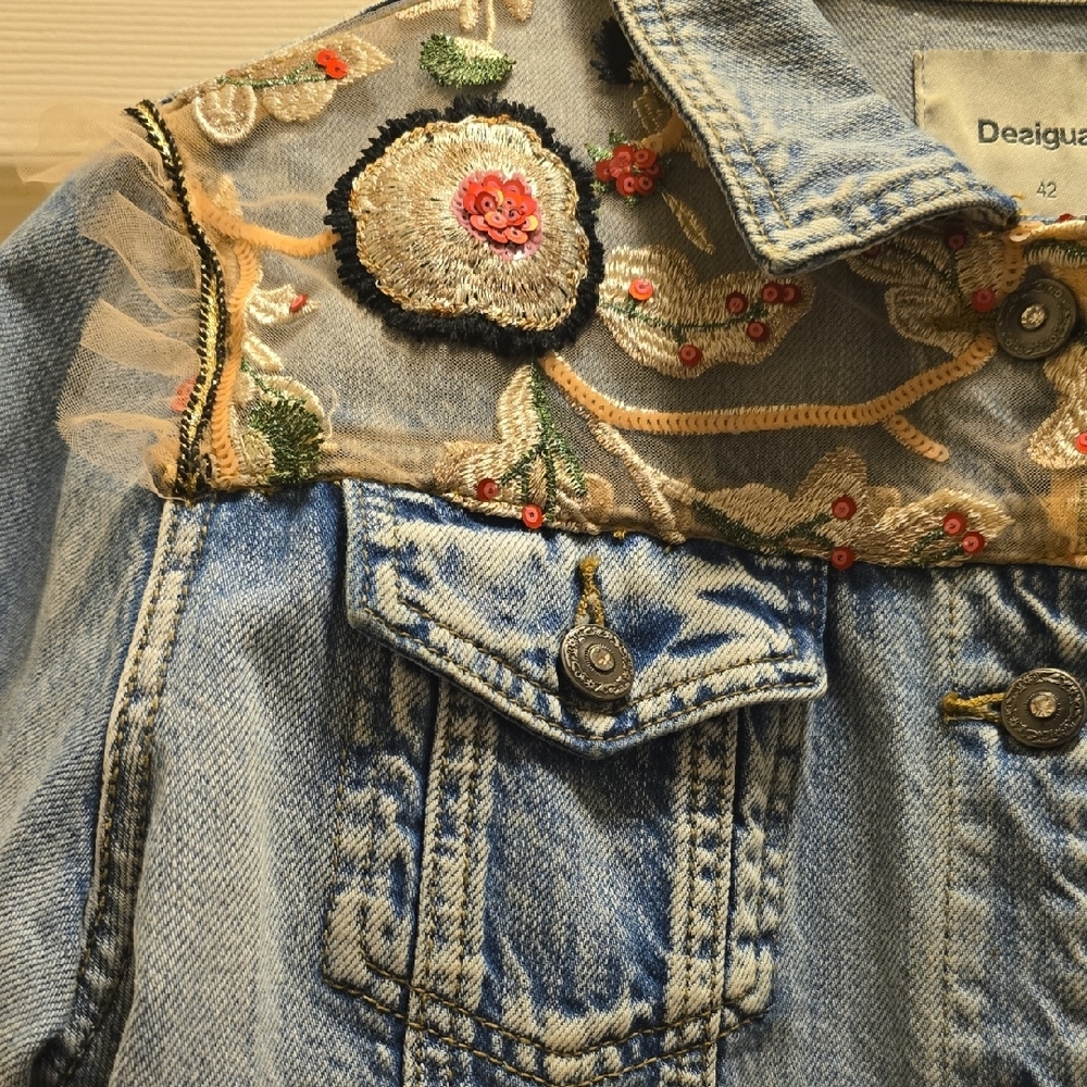 Desigual Women's Embroidered Denim Jacket - Light Blue - Picture 3 of 7